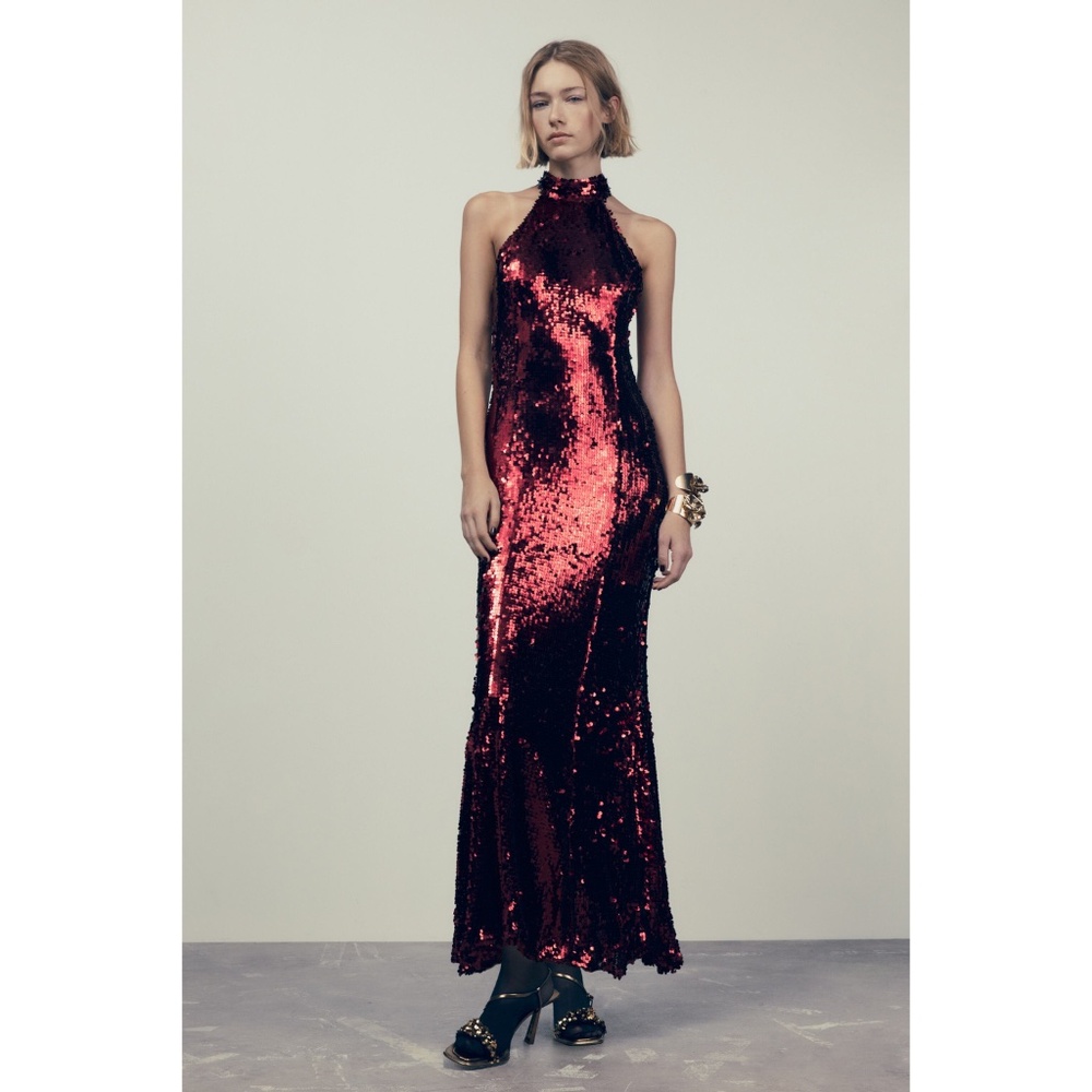 Zara Long Maxi Sequin Dress Deep Red